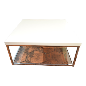 Modern White Glossy Top Chrome Coffee Table With Tempered Glass Bottom Shelf