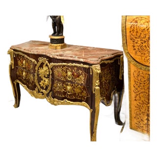 Handcrafted French Louis XV Bombe Commode With Marble Top & Intricate Floral Marquetry For Sale