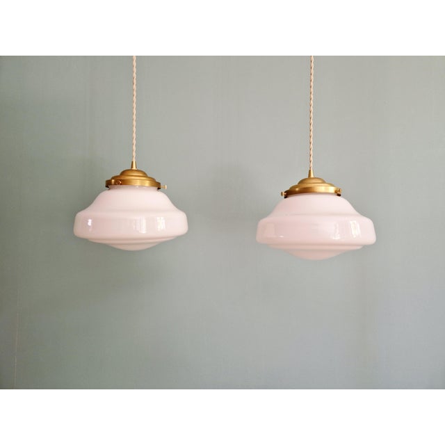 1930s Art Deco Pendant Lights in White Opaline Glass, 1930s, Set of 2 For Sale - Image 5 of 10
