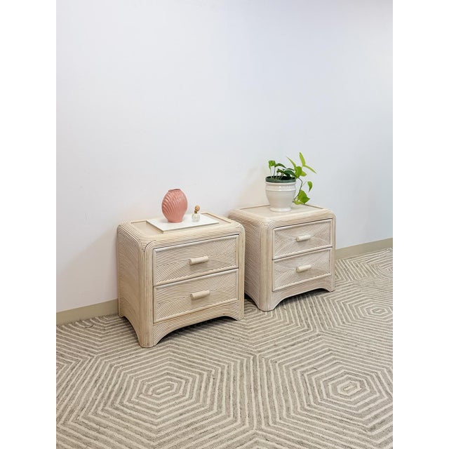Hollywood Regency Pair of Vintage Pencil Reed Rattan Nightstand Coastal Hollywood Regency Tables For Sale - Image 3 of 11
