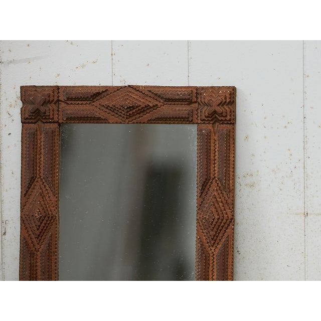 French 1900s Hand Carved Tramp Art Mirror with Raised Diamond Motifs For Sale - Image 4 of 9