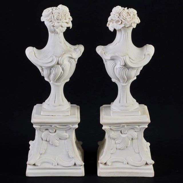 Rococo Antique 18th Century English Rococo Biscuit Porcelain Urns on Pedestals - A Pair For Sale - Image 3 of 7