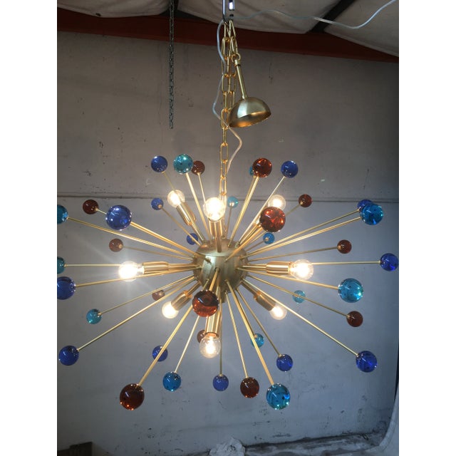 Metal Italian Murano Glass Sputnik Multicolors in Brushed Brass Chandelier For Sale - Image 7 of 13
