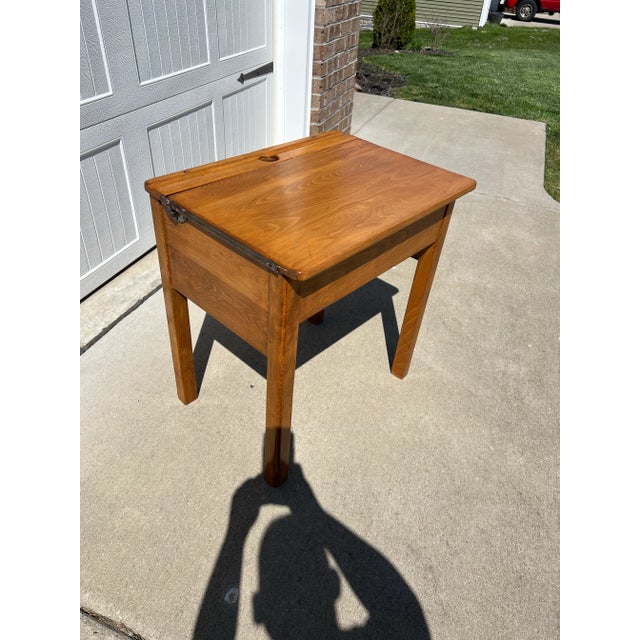Antique 19th Century Solid Oak Lift Top Students Desk/Table With Inner Storage For Sale - Image 4 of 12