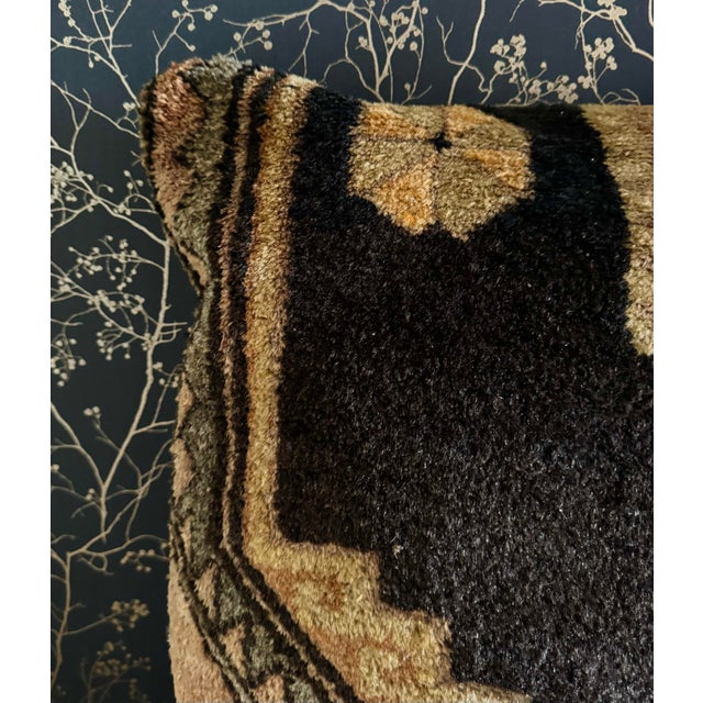 Oversized handmade Turkish wool rug pillow, crafted from an older handwoven rug and finished as a substantial square floor...