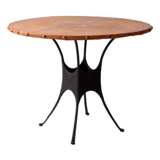 Mid-Century Leather and Iron Round Dining Table For Sale