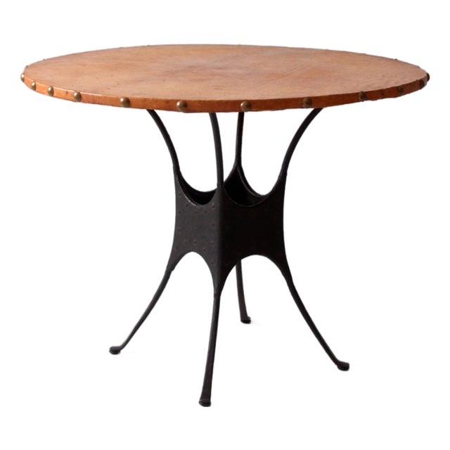 Mid-Century Leather and Iron Round Dining Table For Sale