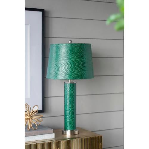 Metal Emerald Snake-Print Leather Cylinder Table Lamp For Sale - Image 7 of 8