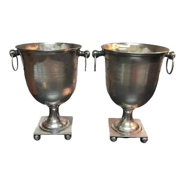 Late 20th Century Vintage Petite Trophy Style Pedestal Champagne Buckets- A Pair For Sale