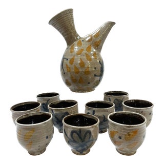 Frances Senska - Mid Century Montana Modern Studio Pottery Pitcher Jug Set With Nine Cups For Sale