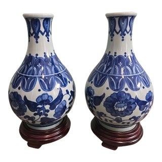 Vintage Chinese Blue & White Porcelain Vases-Set of 2 For Sale