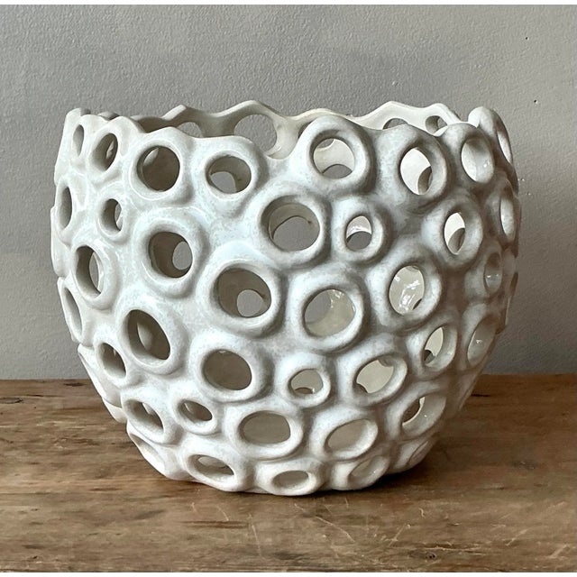 Contemporary Vintage Boho Glazed Ceramic Holes Bowl For Sale - Image 3 of 7