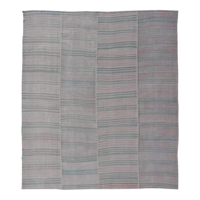 Vintage Turkish Kilim Rug With Soft Aqua, Misty Gray, and Faded Stone Stripes For Sale