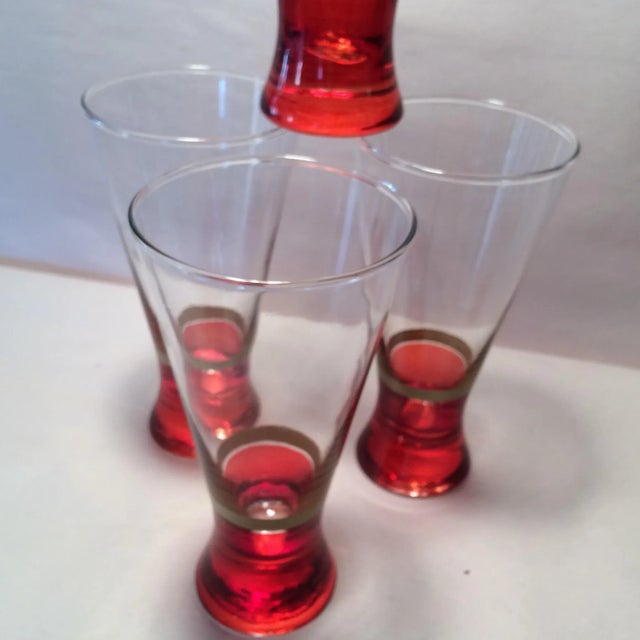 Glass Vintage Red Base With Gold Band Hand Blown Pilsner Glasses - Set of 4 For Sale - Image 7 of 11