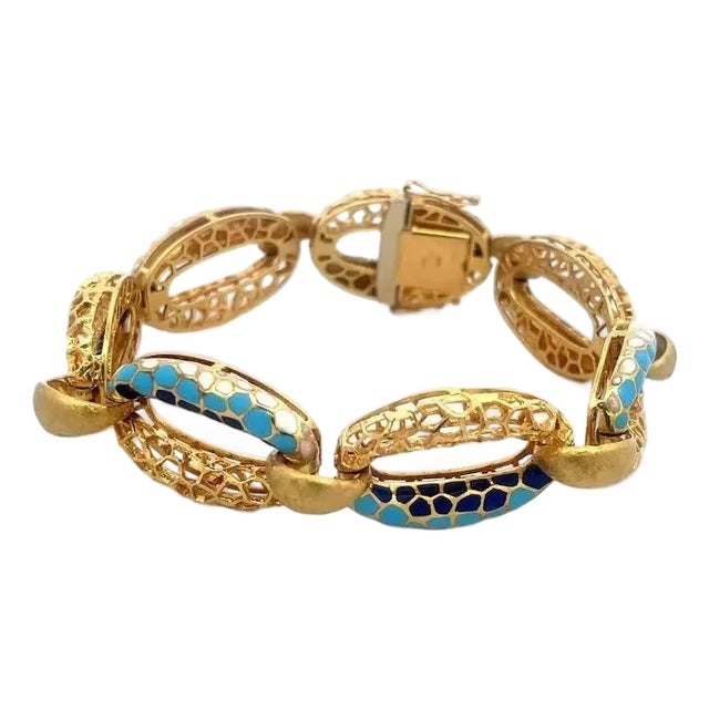 Enamel 18k Bracelet Yellow Gold Fancy Oval Link Style Circa 1960's For Sale