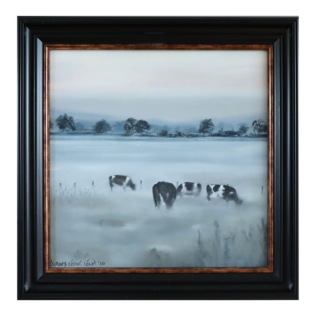 Modernist 'Friesians in the Mist' Vintage Original Landscape Oil Painting, Framed For Sale