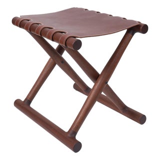 X Folding Stool With Sling Leather Seat. Designed and Crafted by Val Khvan. For Sale