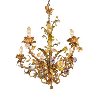 Louis XV Style Porcelain Flower Basket Chandelier, 1960s For Sale