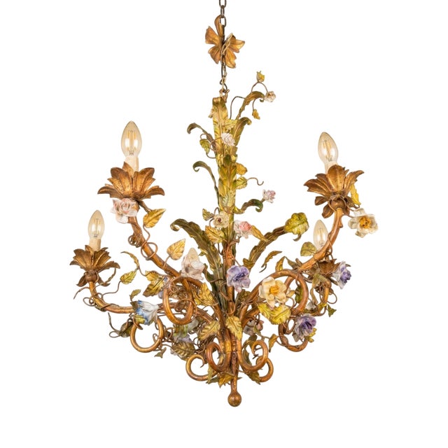 Louis XV Style Porcelain Flower Basket Chandelier, 1960s For Sale