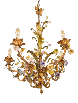 Louis XV Style Porcelain Flower Basket Chandelier, 1960s