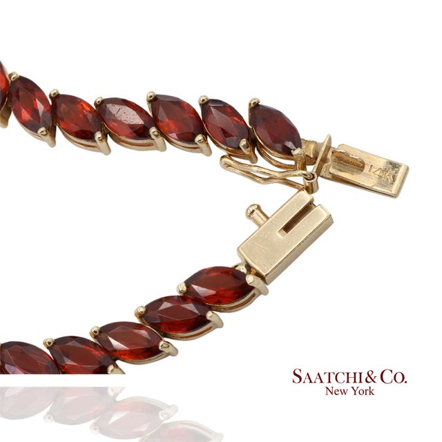 Metal Vintage 14k 585 Solid Yellow Gold Red Garnet Marquise Cut Tennis Bracelet For Sale - Image 7 of 13