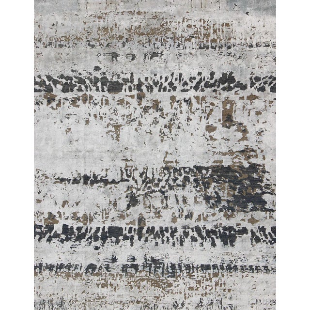 Abstract Modern Hand-Knotted Rug in Wool With All-Over Modern Design in Ivory, Brown, Gray and Blue For Sale - Image 3 of 11