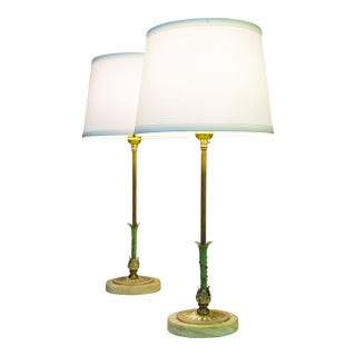 1930s Matched Pair Art Deco French Empire Ornate Brass Travertine Marble Candlestick Table Lamps For Sale
