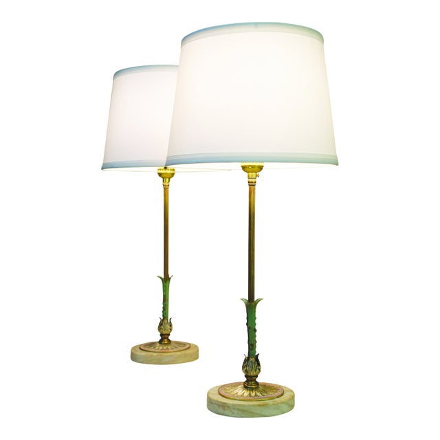 1930s Matched Pair Art Deco French Empire Ornate Brass Travertine Marble Candlestick Table Lamps For Sale
