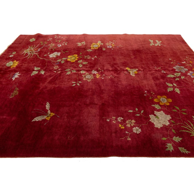 Antique Red Art Deco Chinese Handmade Wool Rug For Sale In New York - Image 6 of 11