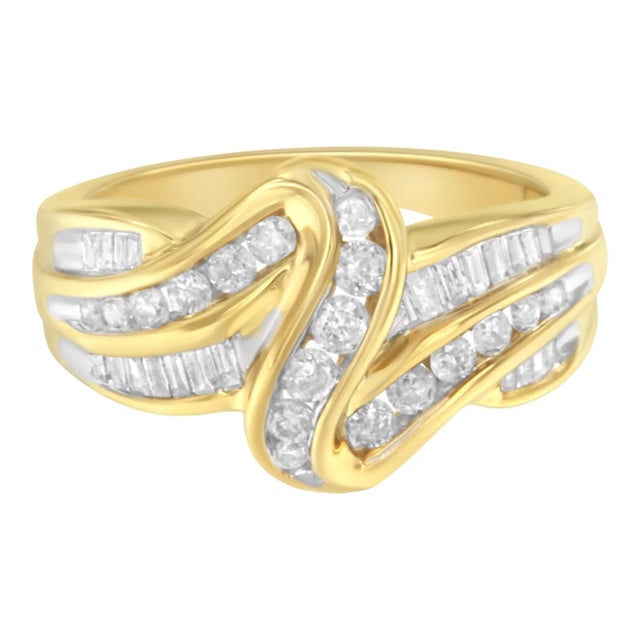 10K Yellow Gold 3/4 Cttw Channel Set Round and Baguette-cut Diamond Double Shank Bypass Ring (J-K Color, I1-I2 Clarity), Size 7.25 For Sale - Image 4 of 8