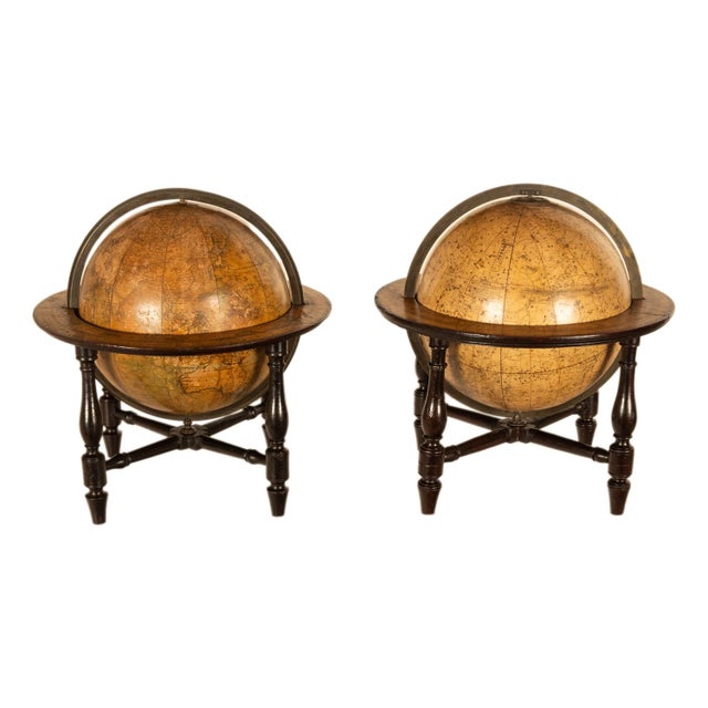 An important and rare pair of antique English George III Period mahogany and Brass Celestial and Terrestrial globes,...
