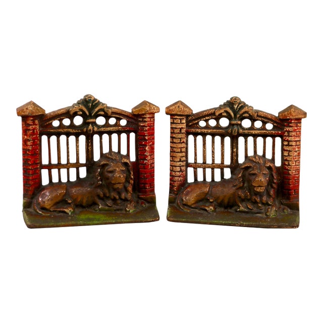Antique Gaurdian Lion Painted Cast Iron Bookends-a Pair For Sale