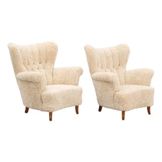 1940s Swedish Lounge Chairs Sheepskin Birch Pair For Sale
