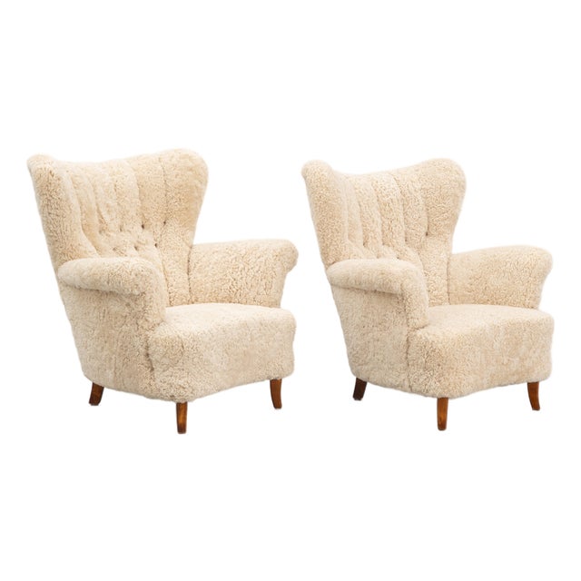 1940s Swedish Lounge Chairs Sheepskin Birch Pair For Sale