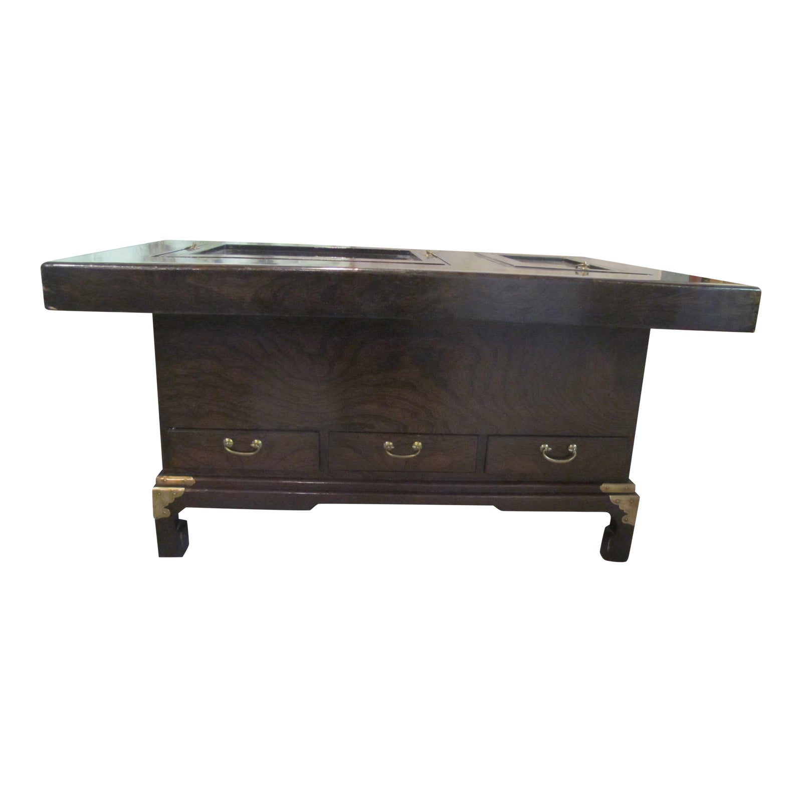 Japanese Dark Wood Grain Hibachi Coffee Table With Drawers | Chairish