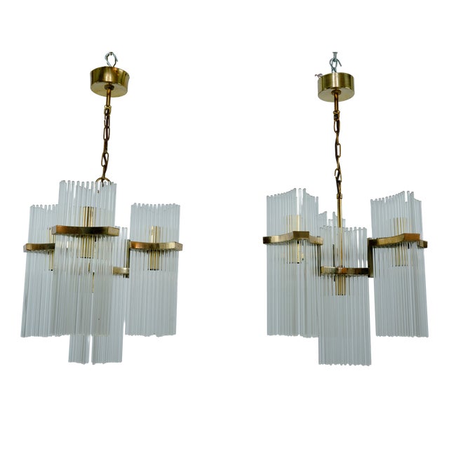 Brass and Glass Chandeliers by Gaetano Sciolari, Italy, 1970s, Set of 2 For Sale