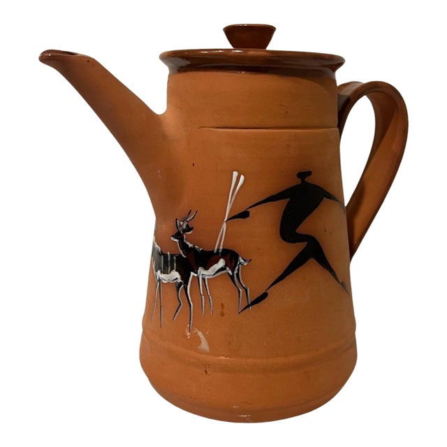 Vintage Mid Century Modern African Tribe Hunting Ceramic Terra Cotta Teapot Vintage Gazelle For Sale