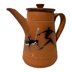 Vintage Mid Century Modern African Tribe Hunting Ceramic Terra Cotta Teapot Vintage Gazelle