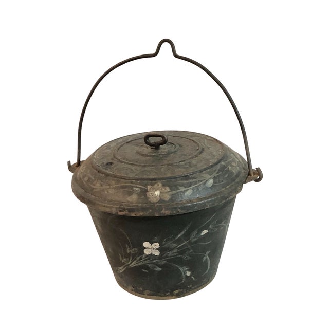 Antique Cast Iron Pot, Cauldron, Bucket. Original Handle and lid. Lid has steam hole. Very old faded (yellow, blue, green,...