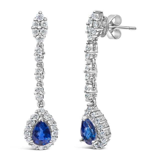 Contemporary 18K White Gold 1 3/5 Cttw Diamond and 7X5 MM Pear Shaped Blue Sapphire 1 1/3 Inch Drop and Dangle Halo Earrings, A Pair (G-H Color, VS1-VS2 Clarity) For Sale - Image 3 of 5