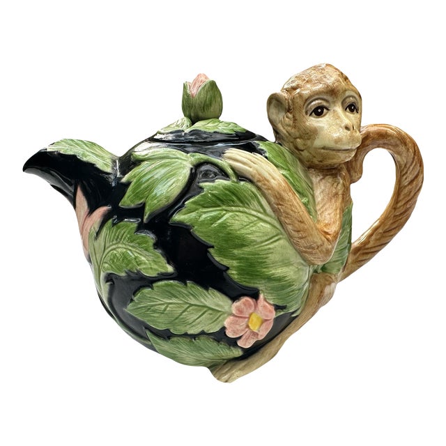 1986 Vintage Fitz & Floyd Floral Leaves & Monkey Tea Pot For Sale