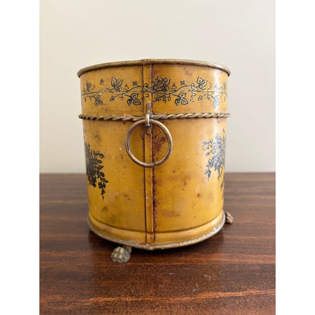 Metal Italian Neoclassical Tole Yellow Cachepot Planter Vase With Lion Heads For Sale - Image 7 of 9