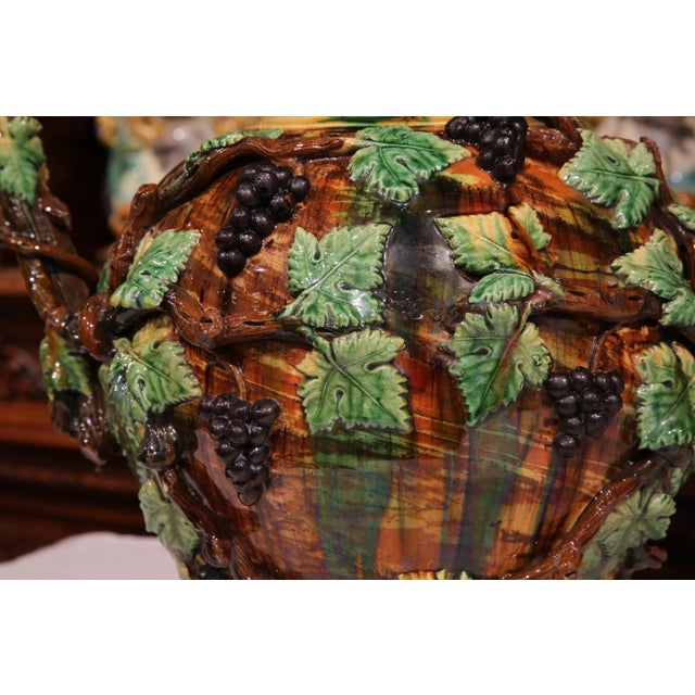 Ceramic 19th Century French Painted Ceramic Barbotine Vase With Vine, Grape & Leaf Decor For Sale - Image 7 of 10