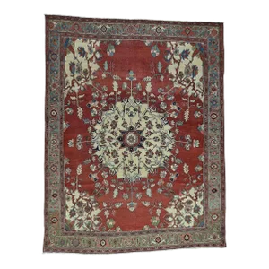 1880 Antique Persian Serapi Red & Ivory Hand Knotted Rug