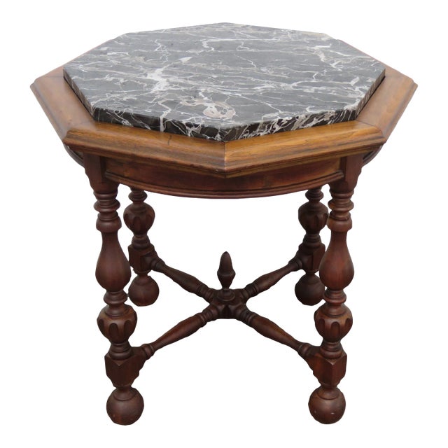 Knoxville Early 1900s Marble Top Carved Side End Lamp Table For Sale