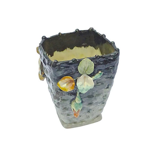 French Antique French Barbotine Floral Basket Majolica Vase For Sale - Image 3 of 6