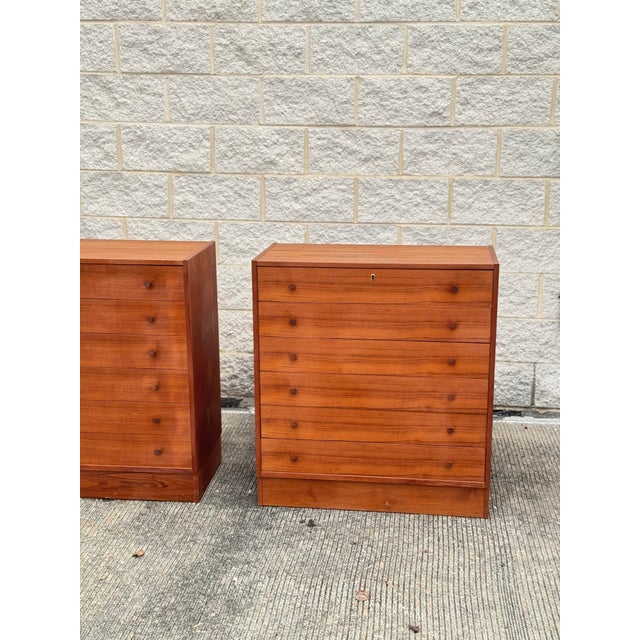 Scandinavian Modern five-drawer chest crafted in warm teak, dating to the 1960s. 2 available