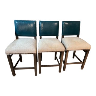 2000s Ethan Allen Hadley Leather Counter Stool Straight Top Custom Nailhead Teal- Set of 3 For Sale