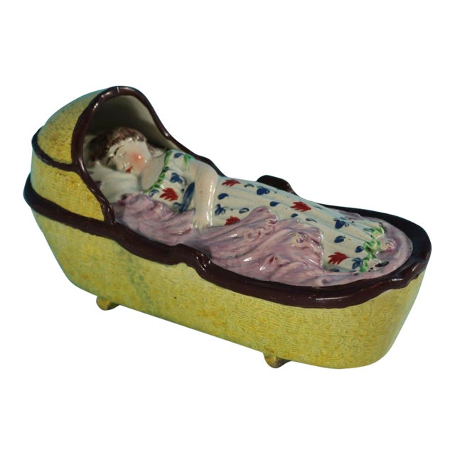 Early 19th Century Staffordshire Pearlware Child in Rocking Cradle For Sale