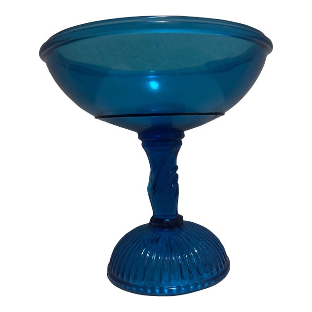 Vintage Blue Glass Compote With a Hand on Stem For Sale